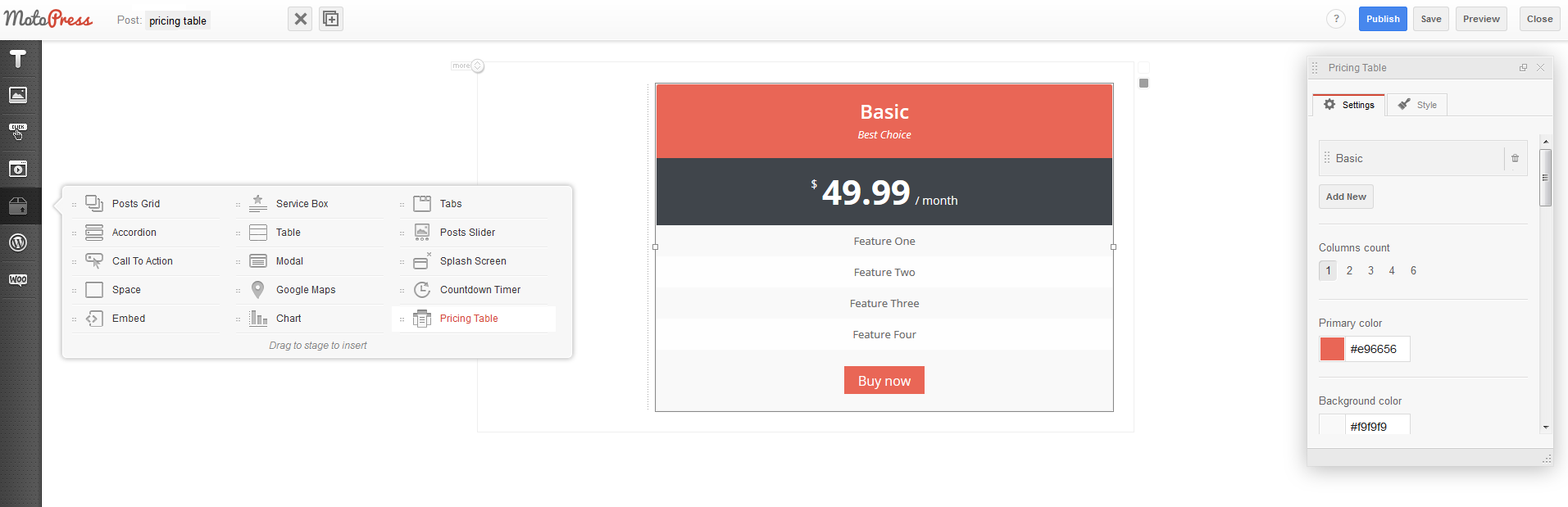 pricing table