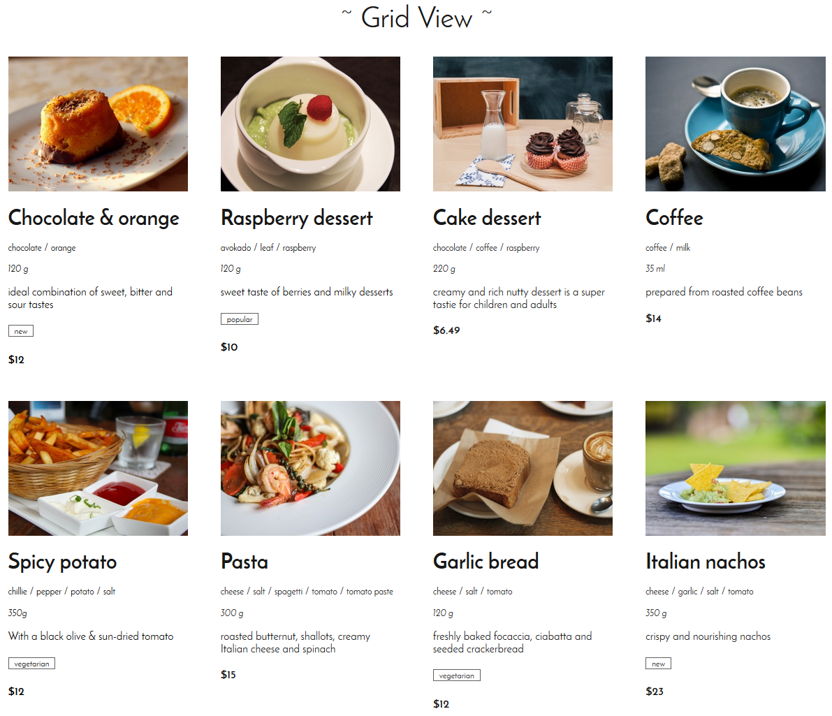 restaurant menu items list