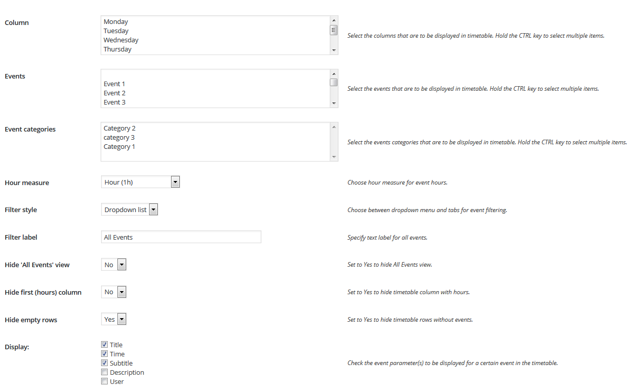 Timetable Shortcode Settings