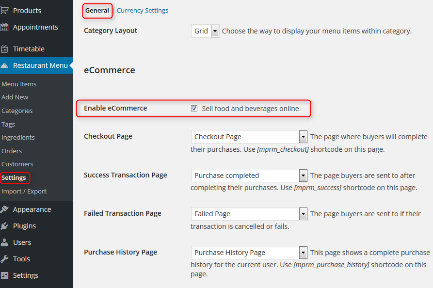 Settings Enable eCommerce