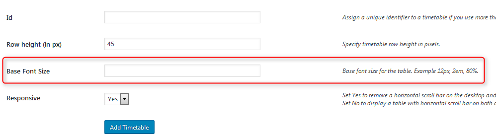 Base font size timetable wordpress