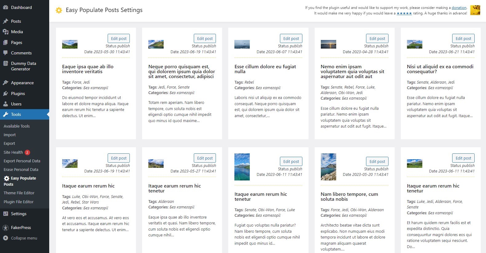 Publications generated by Easy Populate Posts in the WP admin panel
