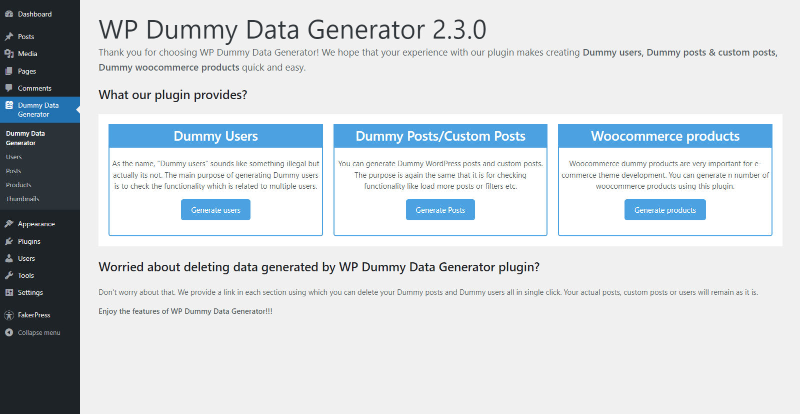 Admin interface of WP Dummy Content Generator