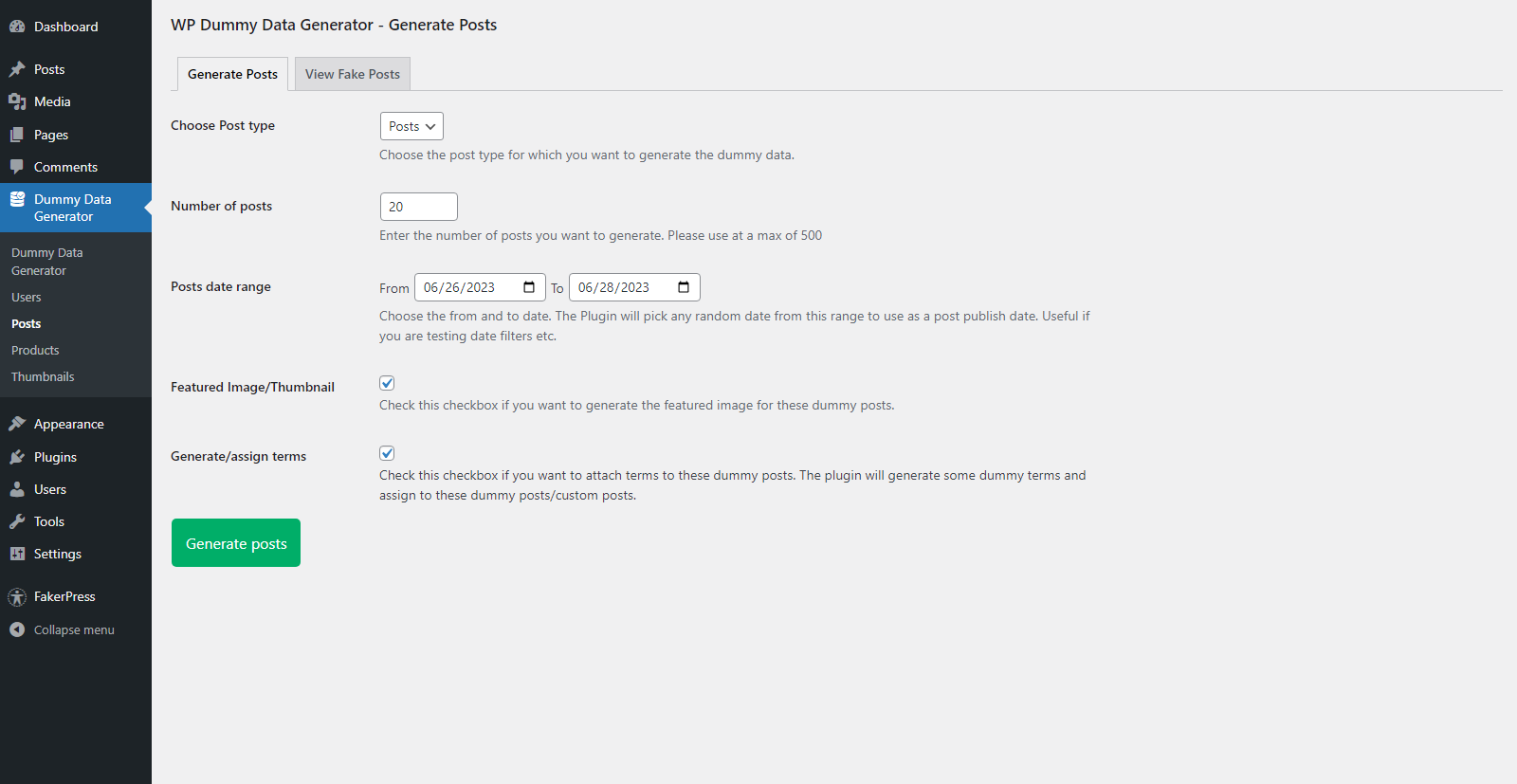 View of the posts generation section of WP Dummy Content Generator
