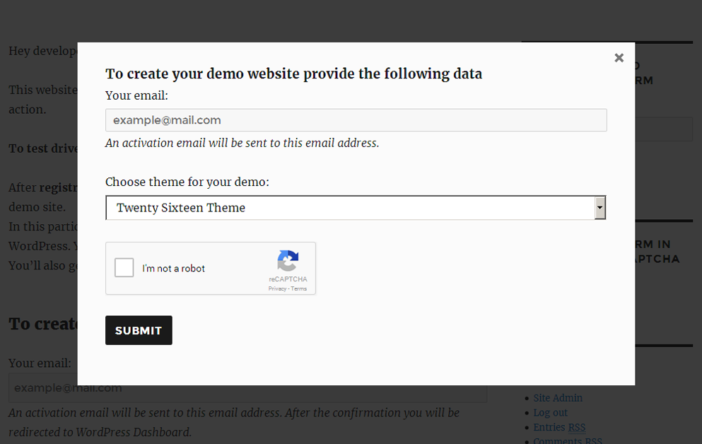 WordPress Demo builder reCAPTCHA