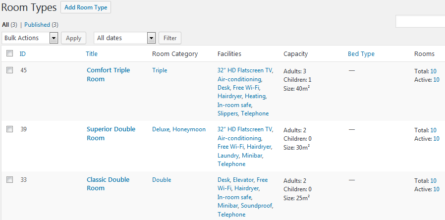 room types wordpress