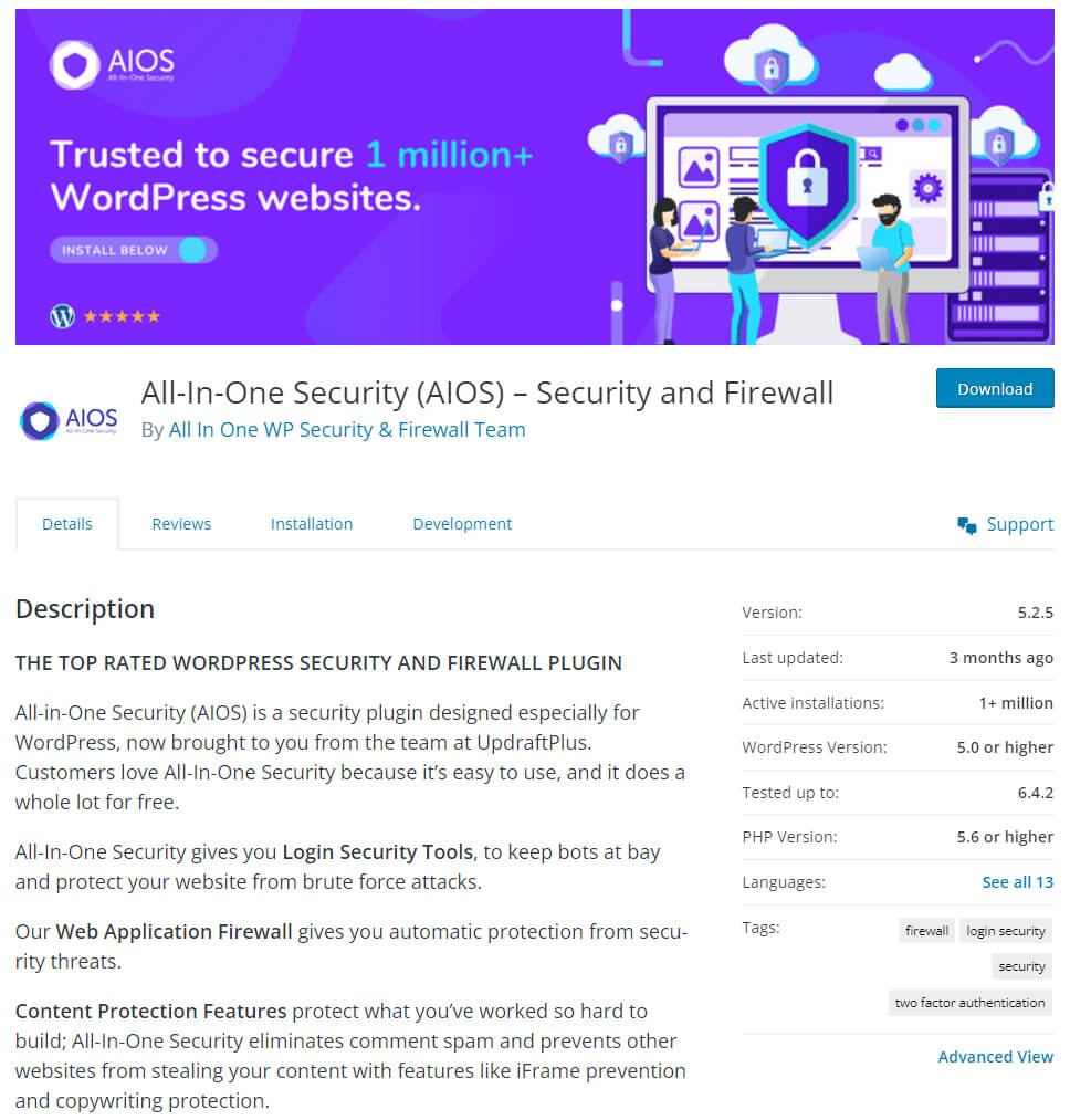 All-in-One Security plugin: a specialized WordPress extension for comprehensive assurance of all main security measures.