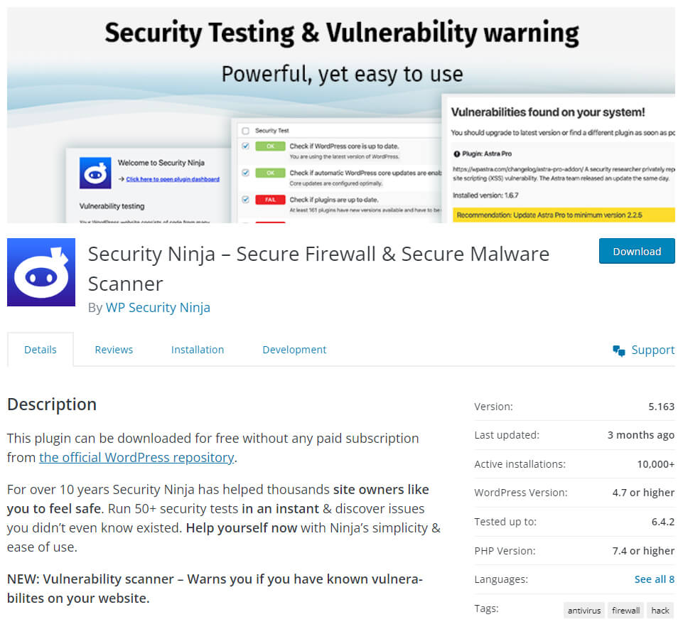 Security Ninja: A plugin for security testing and vulnerability alerts for WordPress websites.
