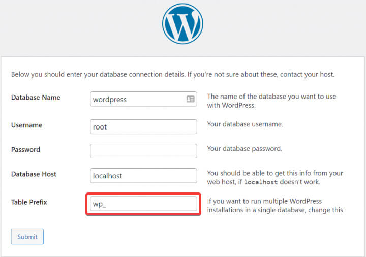 Screenshot illustrating the initial configuration page during WordPress installation, with special emphasis on the importance of changing the default database table prefix.