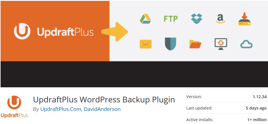 Screenshot of UpdraftPlus, a comprehensive plugin for automating backups on WordPress websites.