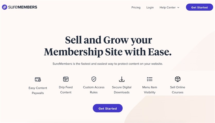 Screenshot of the SureMembers membership plugin homepage in violet and white colors.