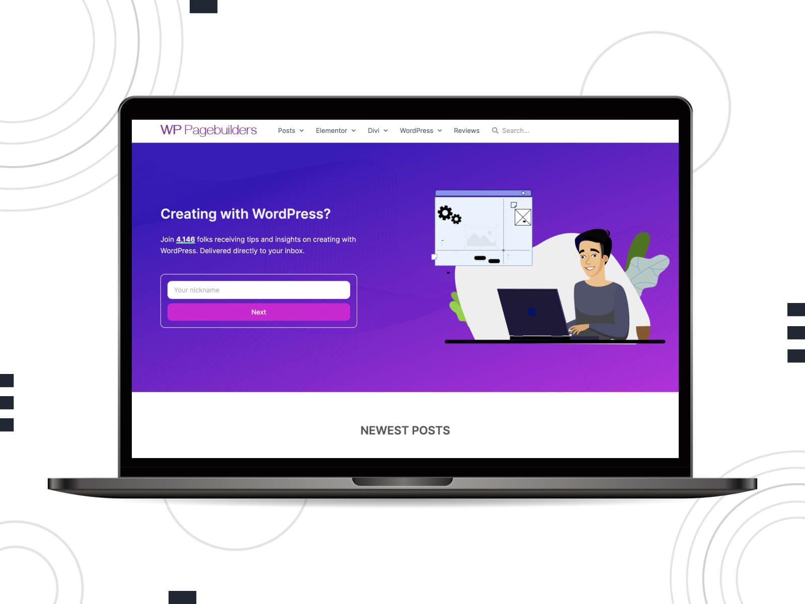 Image of WP Pagebuilders - recommended WordPress website for coding enthusiasts in slate blue, and dark orchid color palette.
