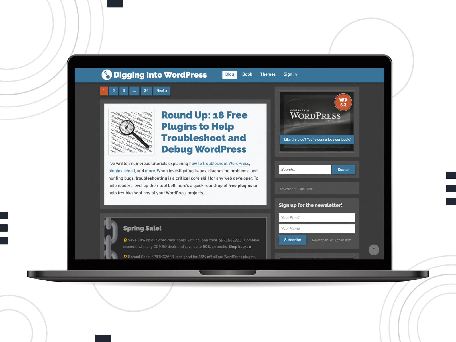 Picture of Dig WP - rich-content WordPress site to boost developer knowledge in dark gray, and steel blue color palette.