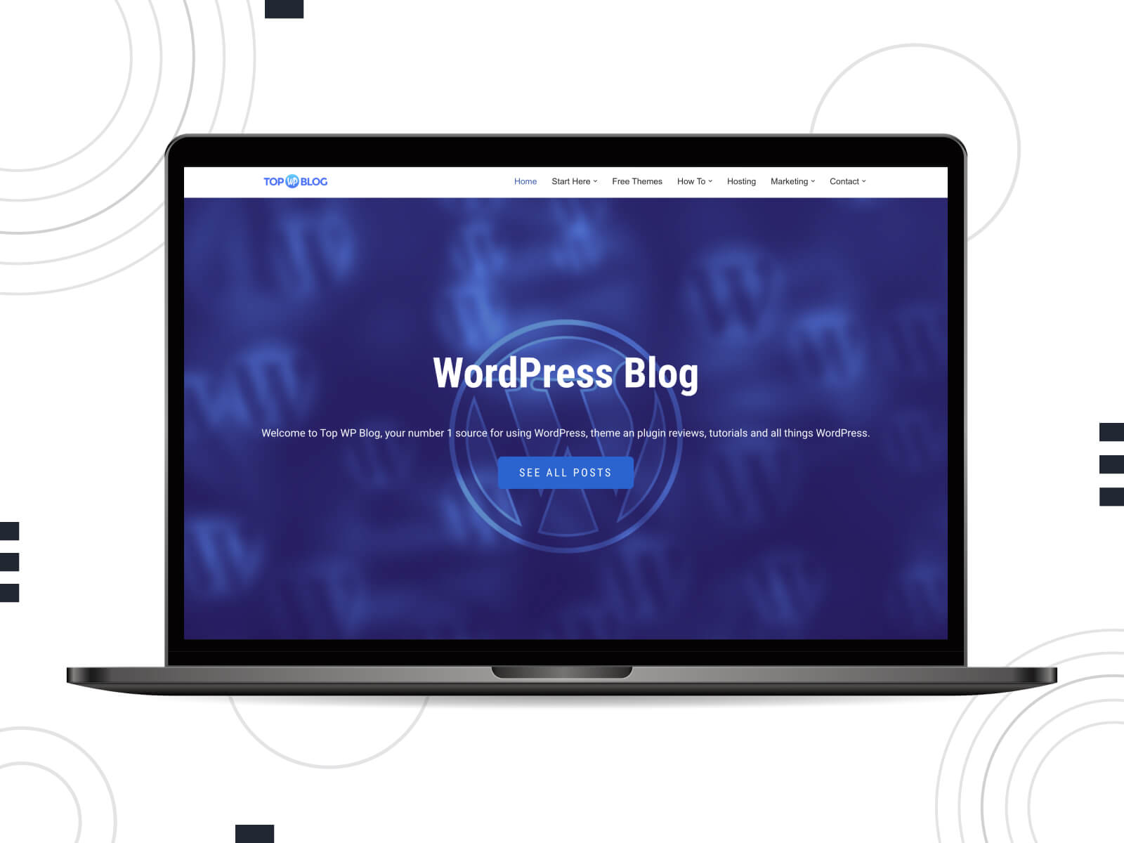 Screenshot of Top WP Blog - must-follow web resource for every WordPress coder in dark slate blue, royal blue, and midnight blue color array.