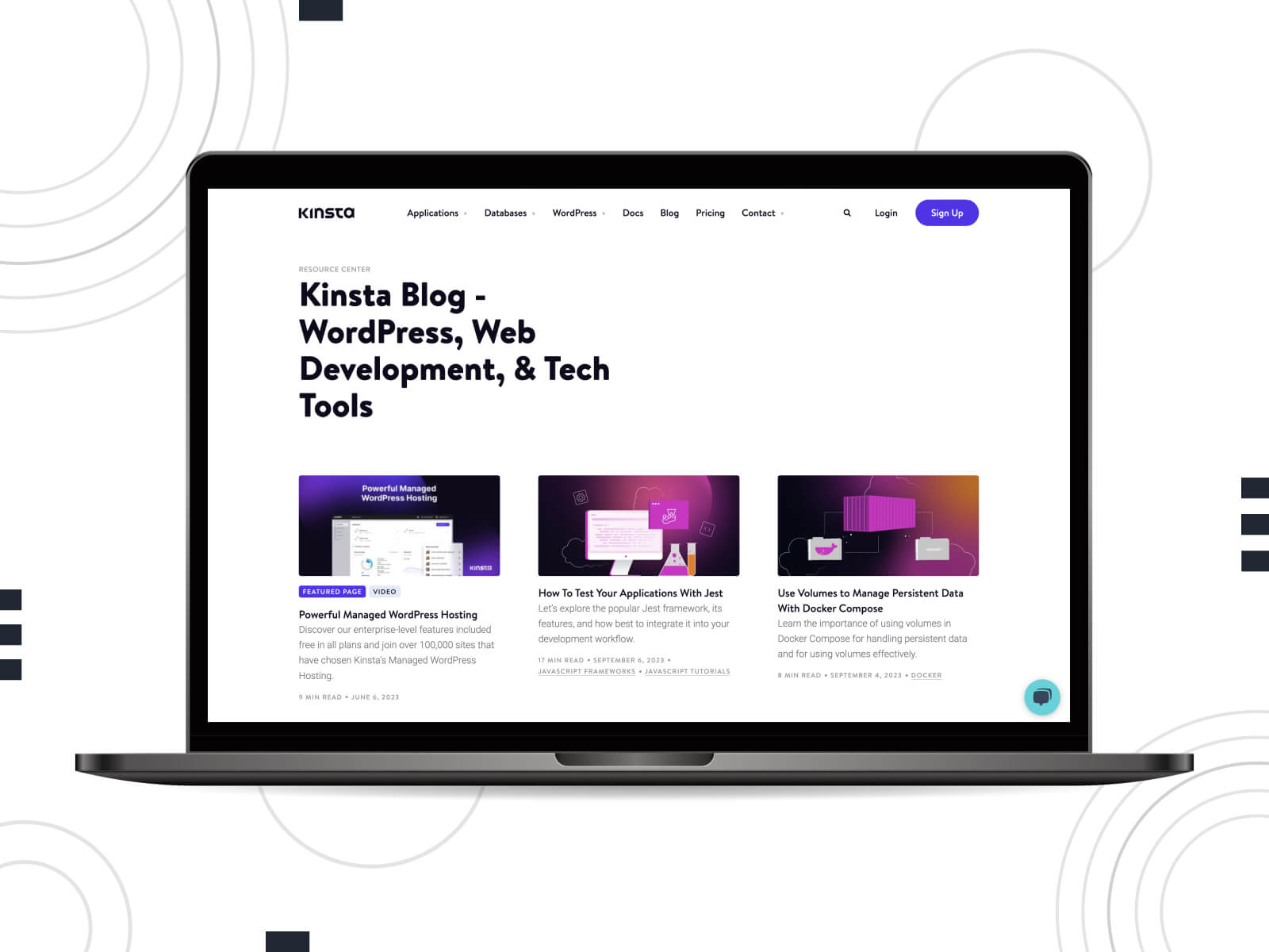 Illustration of Kinsta - advanced tutorials and guides in top WordPress platform in dim gray, medium violet red, and slate blue color scheme.