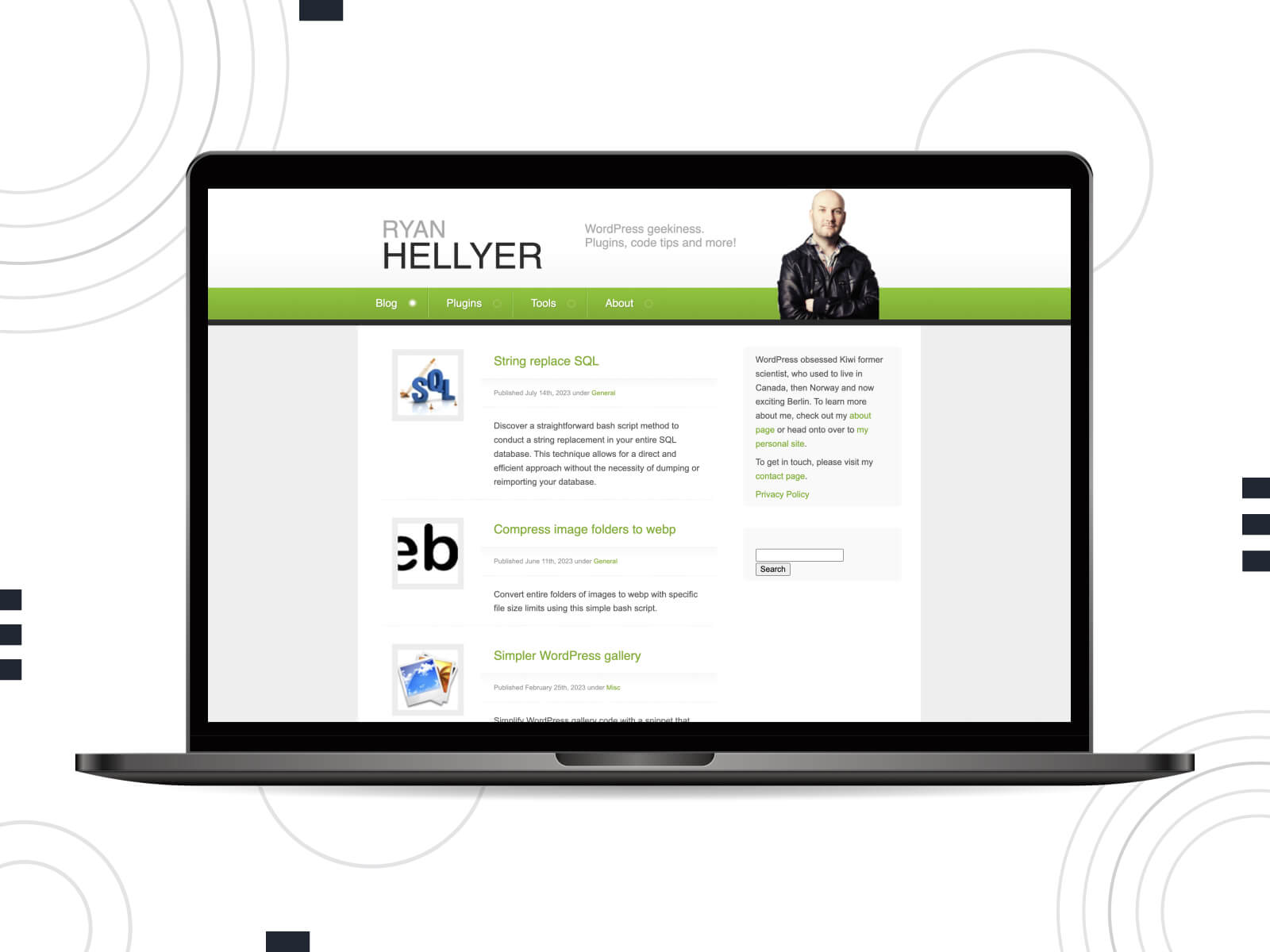 Snapshot of Ryan Hellyer's website - bright, crisp, developer-focused content in leading WordPress journal in yellow green, sienna, and slate gray color combination.