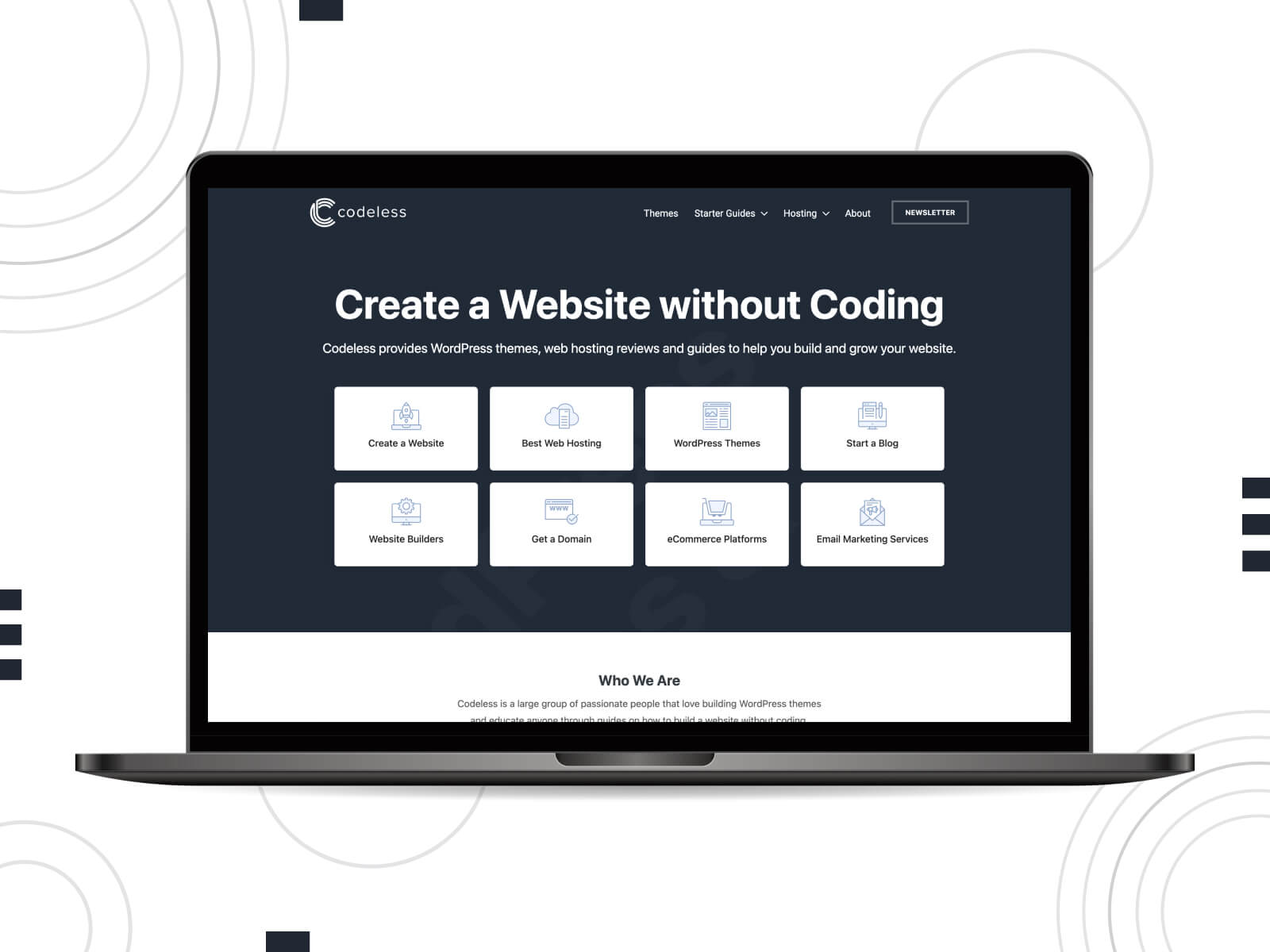 Screenshot of Codeless - dark, calm, online resources serving developers' WordPress appetite in dark gray, and dim gray color combination.