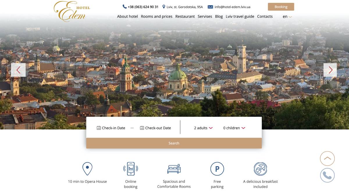 WordPress hotel site - Edem front page.
