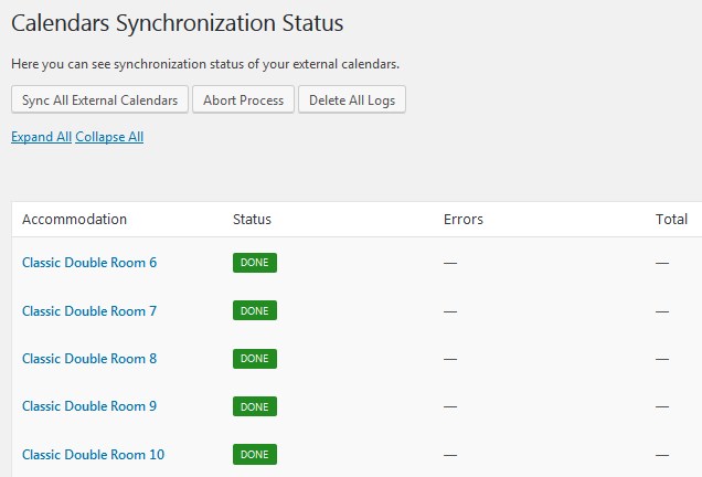 The calendars syn dashboard of the WordPress hotel booking plugin.