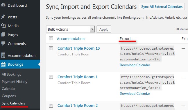 The WordPress hotel booking plugin admin settings.