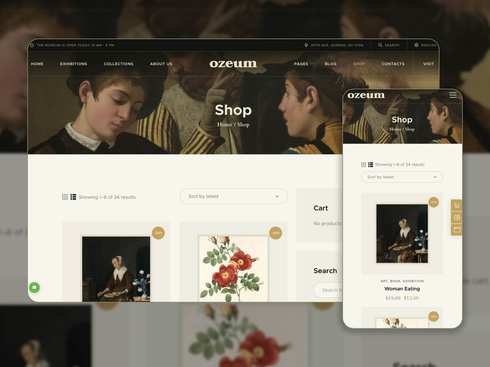 Picture of Ozeum - fully adaptable theme for art galleries with eCommerce functionality in black, darkslategray, gray, darkolivegreen, and linen color gradation.
