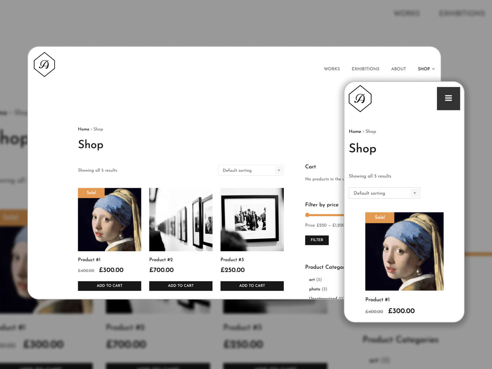Collage of Artwork - creative WooCommerce theme for showcasing artworks in black, silver, white, dimgray, and darkgray color combination.