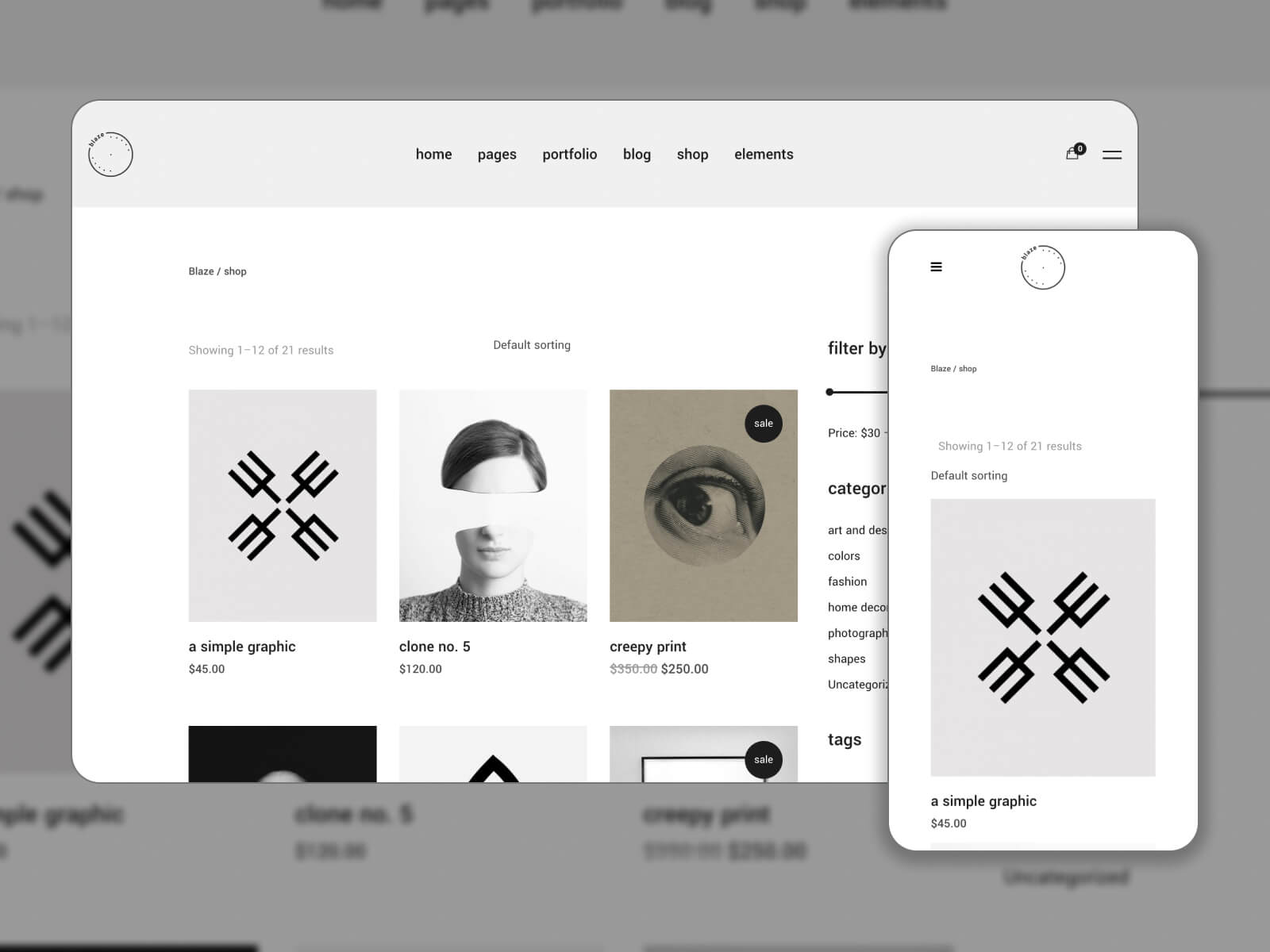 Snapshot of Blaze - art-centric WooCommerce theme with versatile layouts in black, white, lightslategray, dimgray, and lavender color array.