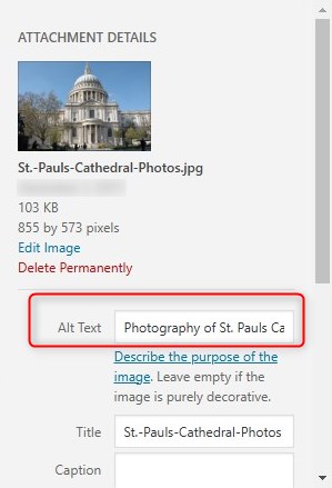 Screenshot of how to add alternative text in WordPress photography SEO.