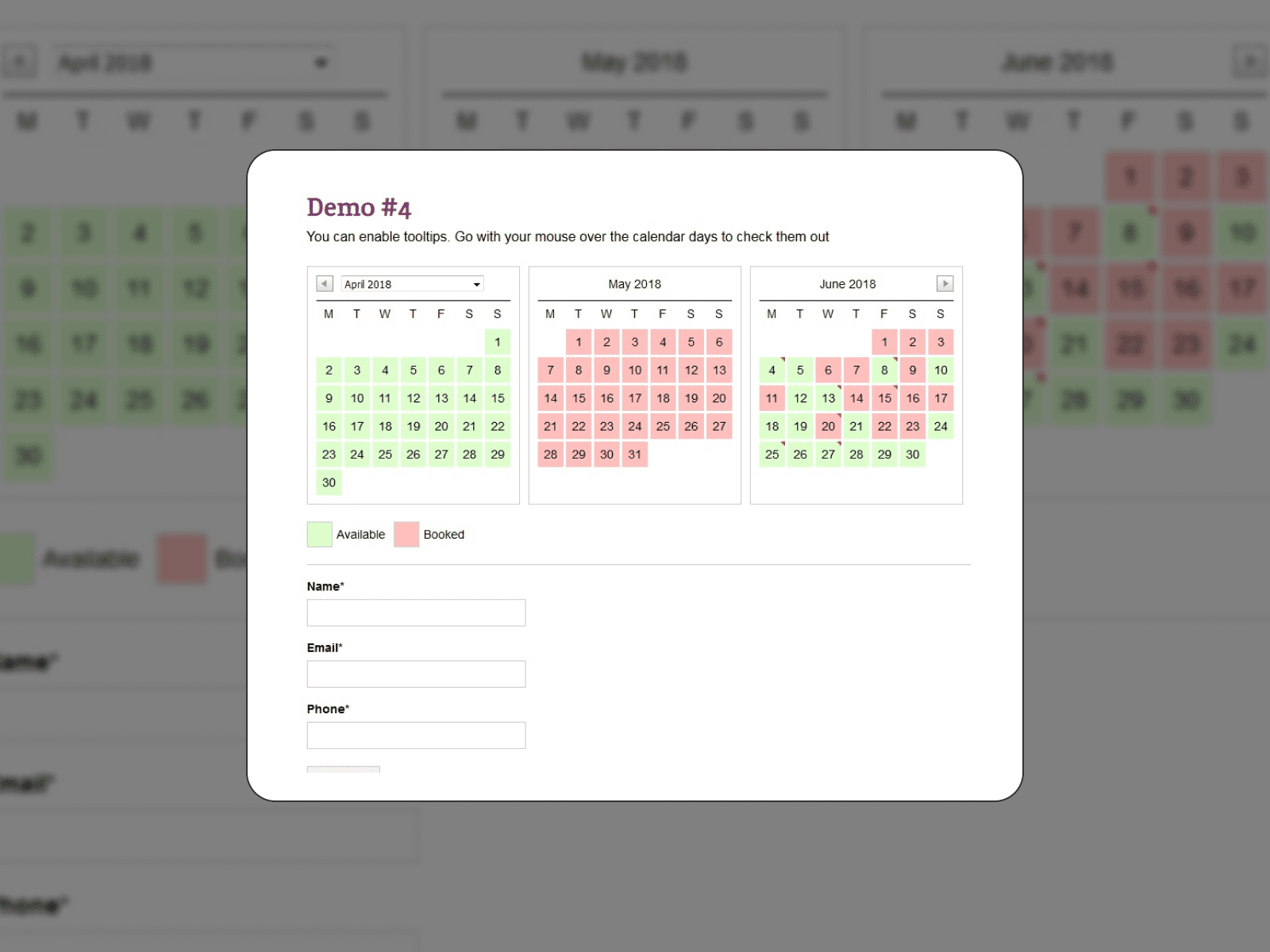 An aivailability calendar shown in the WP Booking system free plugin.