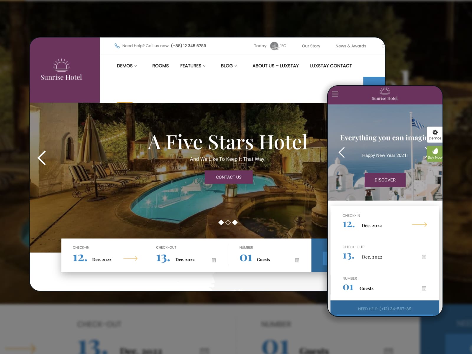 The WP Hotel booking plugin displayed in the theme.