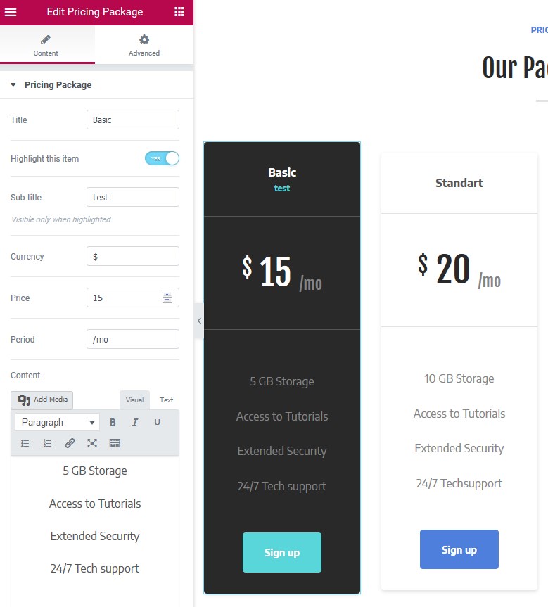 pricing table shortcode elementor