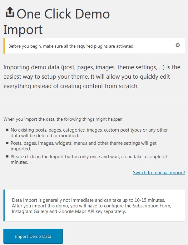 one-click demo data import for wp theme