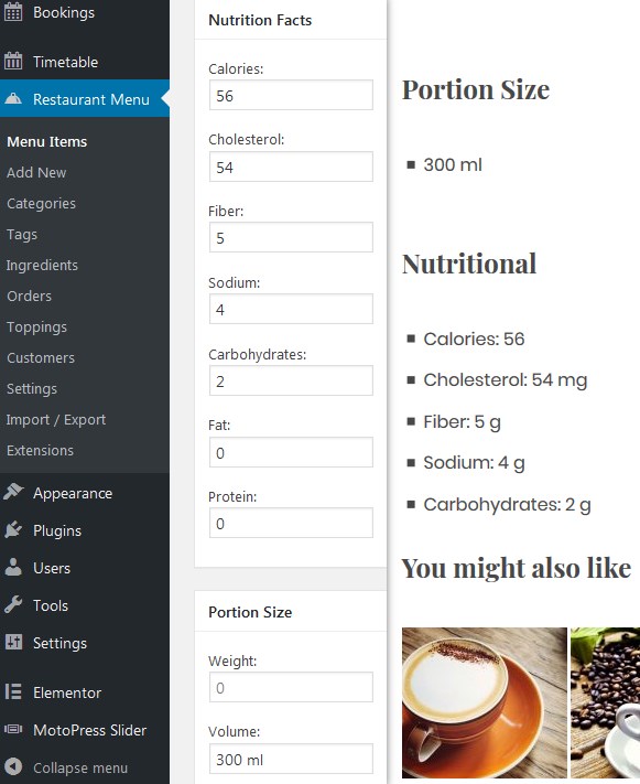 nutritional information restaurant menu