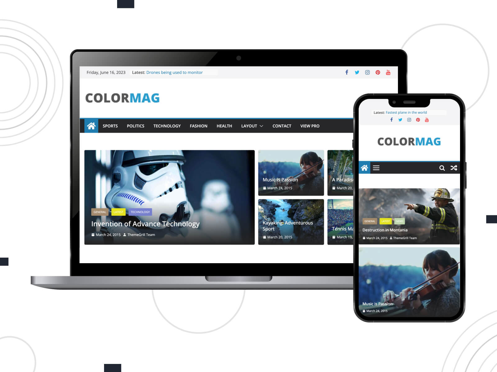 Illustration of Colormag - modern theme optimized for news and blog content, featuring a magazine format in darkslateblue, skyblue, gold, steelblue, and darkslategray hues