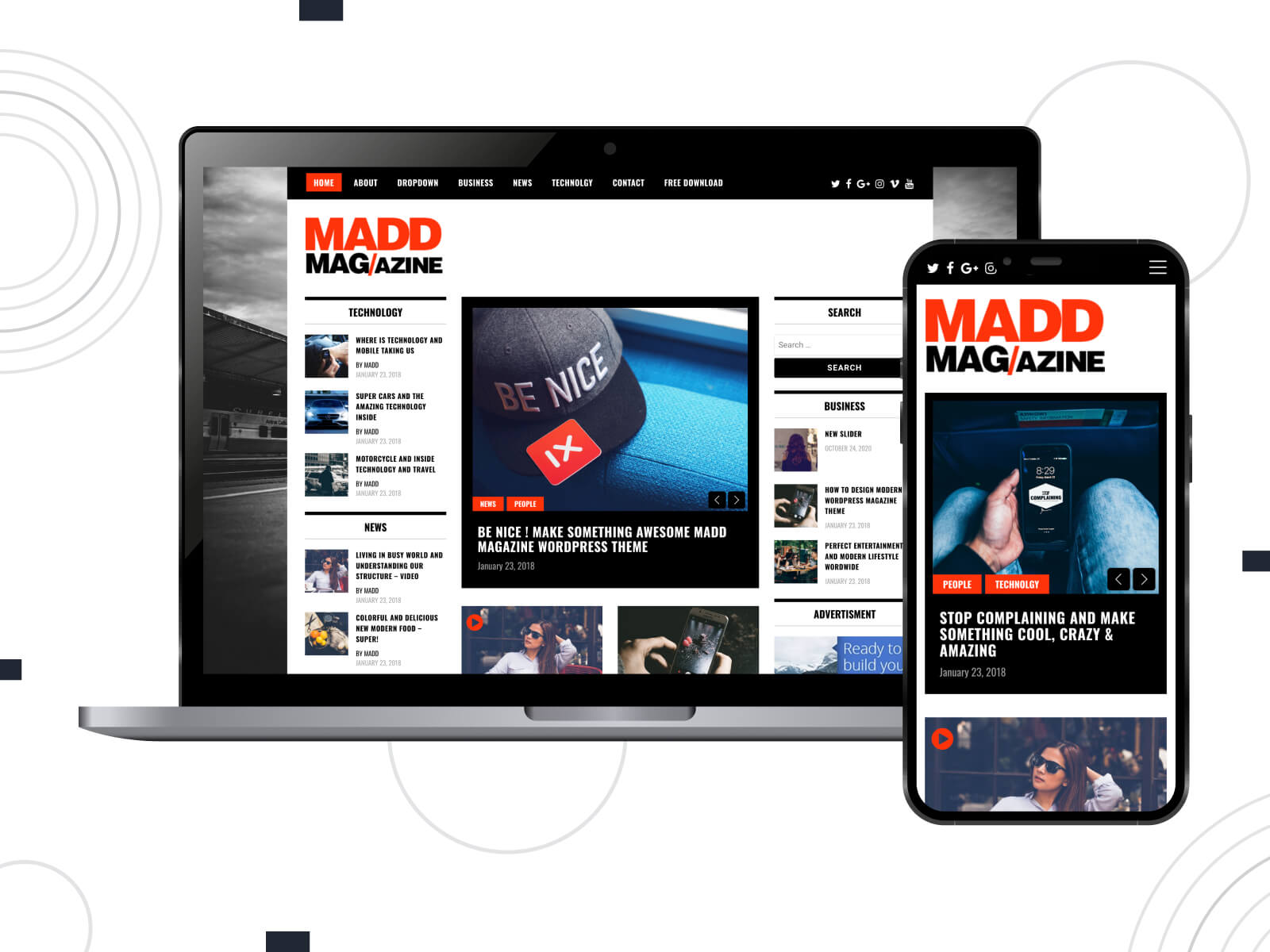 Illustration of MADD magazine - intuitive magazine theme with advanced features for news businesses and blogs in gray, midnightblue, orangered, mediumturquoise, and steelblue color mix