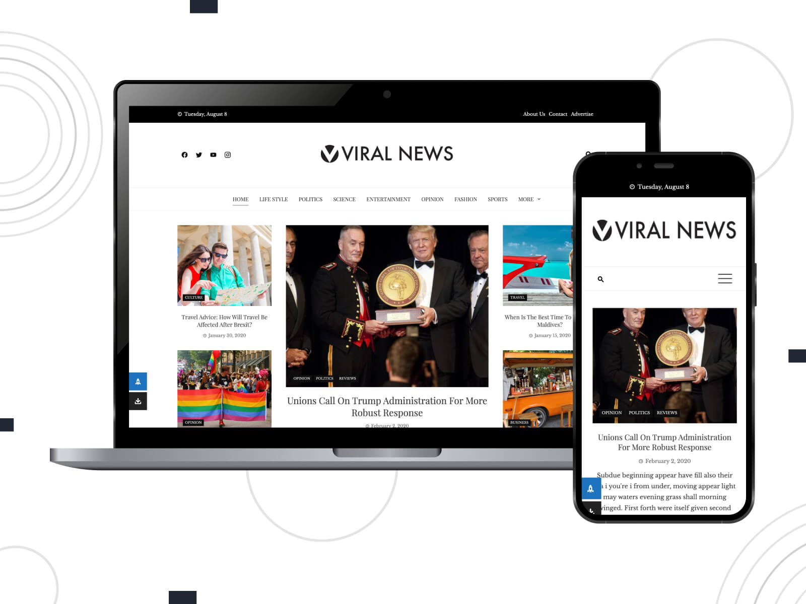 Picture of Viral News - dynamic WordPress theme crafted for online news portals and feature-rich blogs in sienna, tan, darkturquoise, steelblue, and chocolate hues