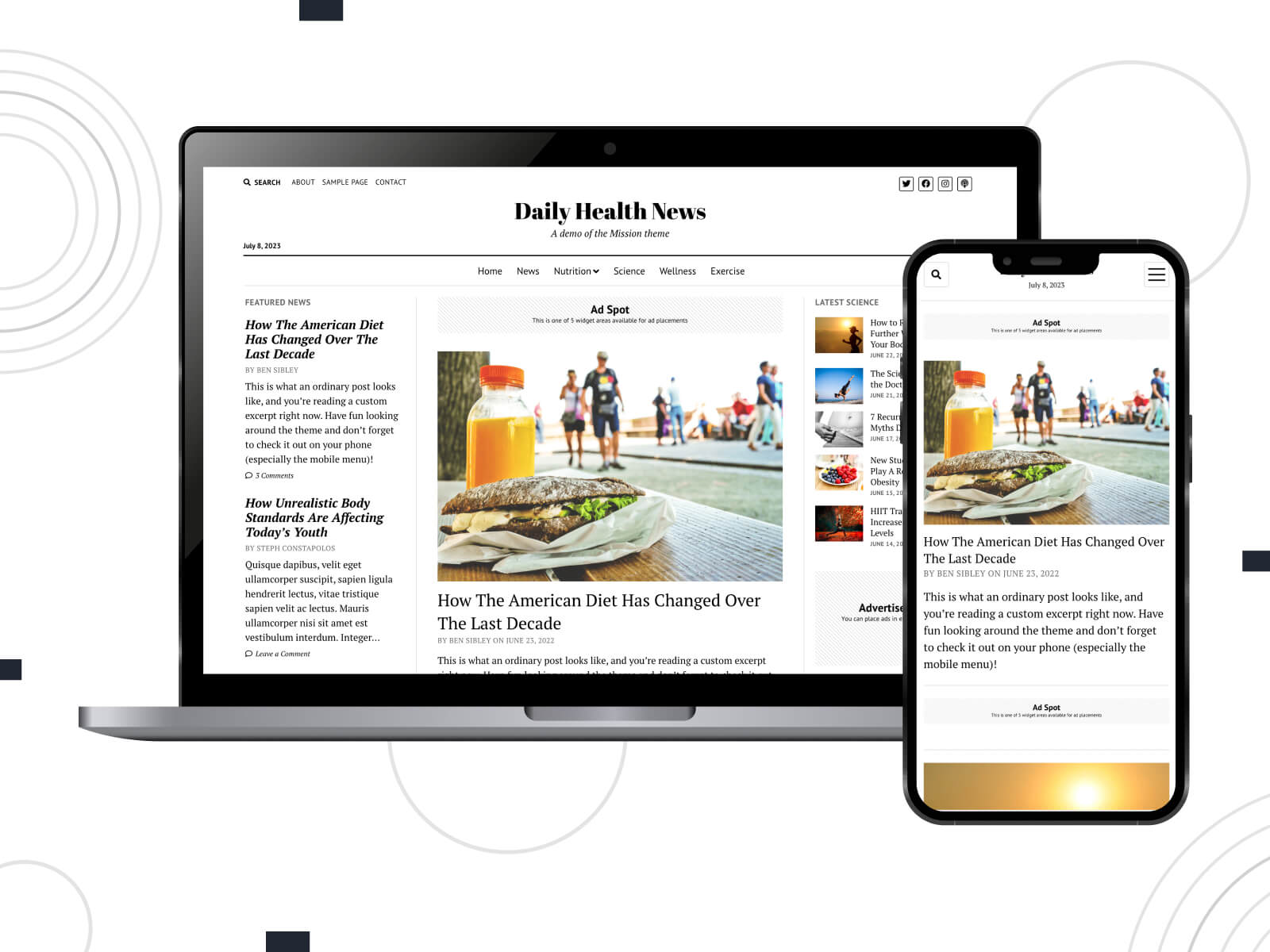 Snapshot of Mission News - SEO-friendly magazine theme tailored for news articles and blog publications in sienna, wheat, burlywood, goldenrod, and peru color gradation