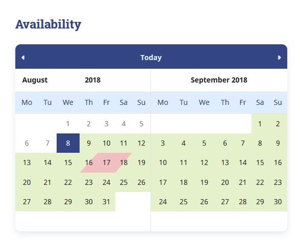 Availability calendar for Hotel Booking plugin.