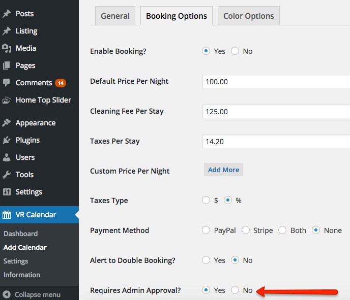 booking options in VR calendar sync