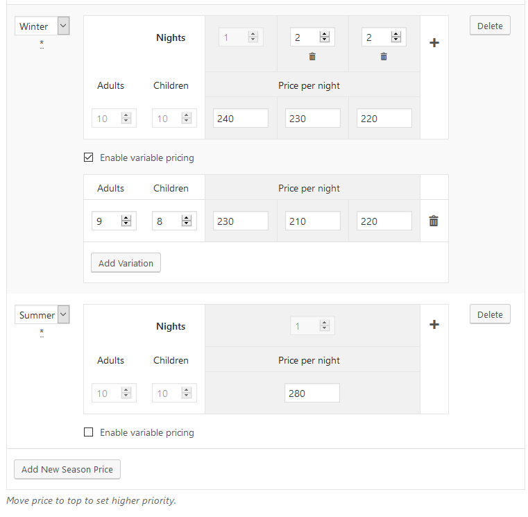 Page responsible for adjustment of settings for booking rates.