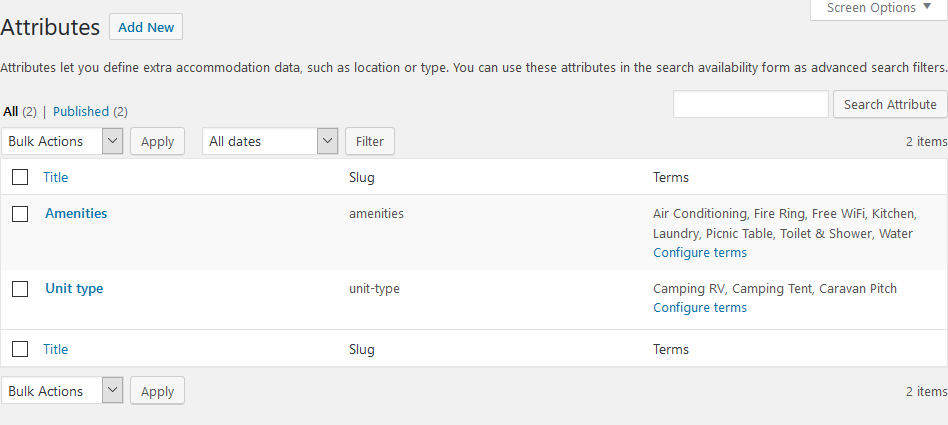 campterra WordPress Camping Template attributes