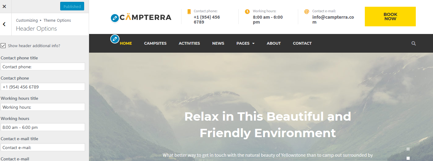 campterra WordPress Camping Template header options