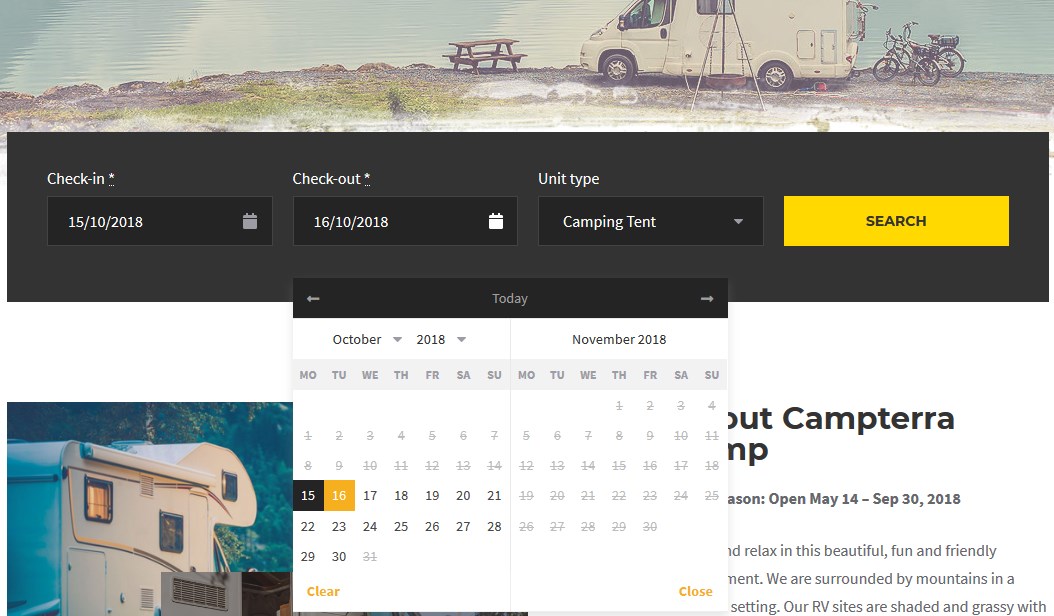 WordPress Camping Template search availability widget