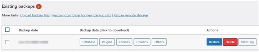 Screenshot of the existing backups from the UpdraftPlugin WordPress site backup plugin.