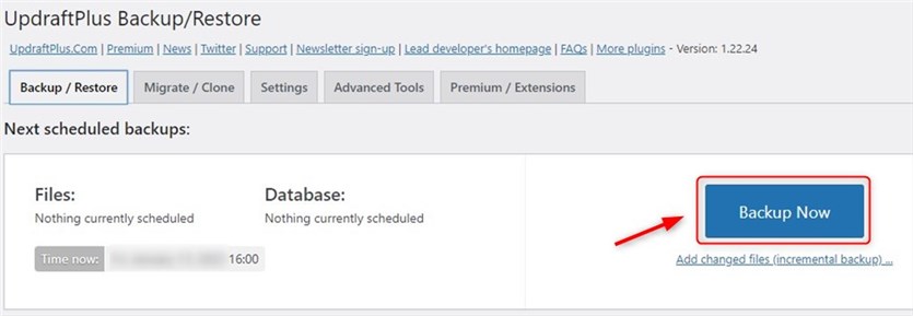 Screenshot of the admin dashboard of the Updraftplus plugin for a WordPress site backup.
