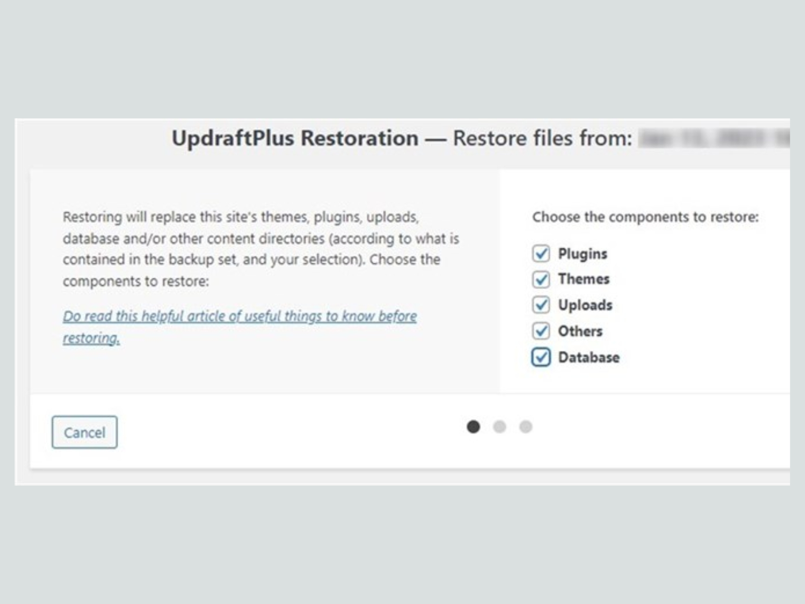 Screenshot of the restoration settings of the UpdraftPlus WordPress site backup plugin.