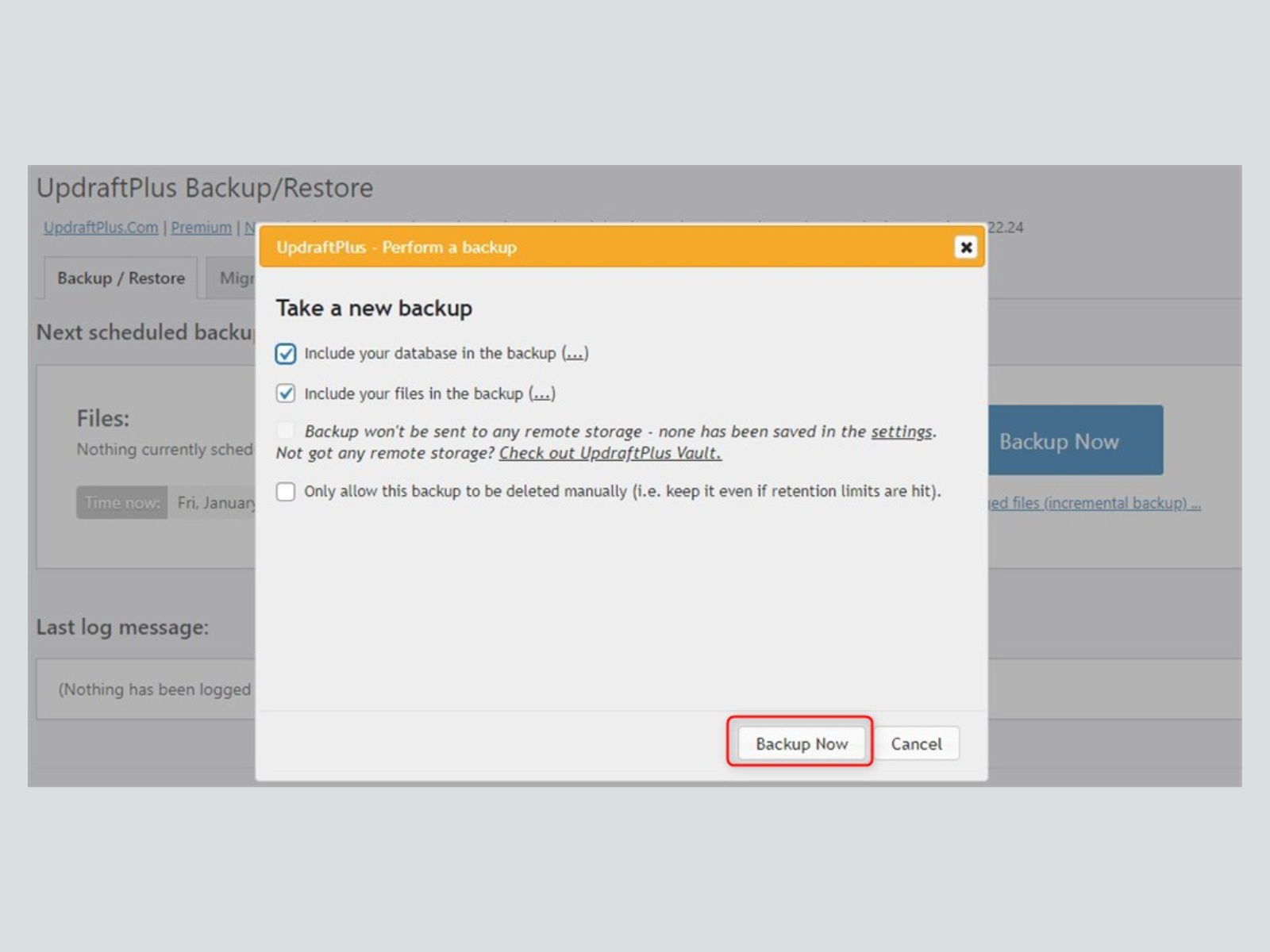 Screenshot of the WordPress site backup settings in the UpdraftPlus dashboard.