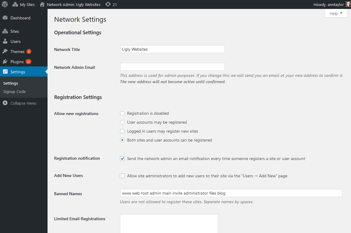 wordpress multisite network settings