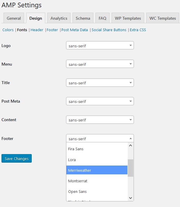 change fonts amp wordpress