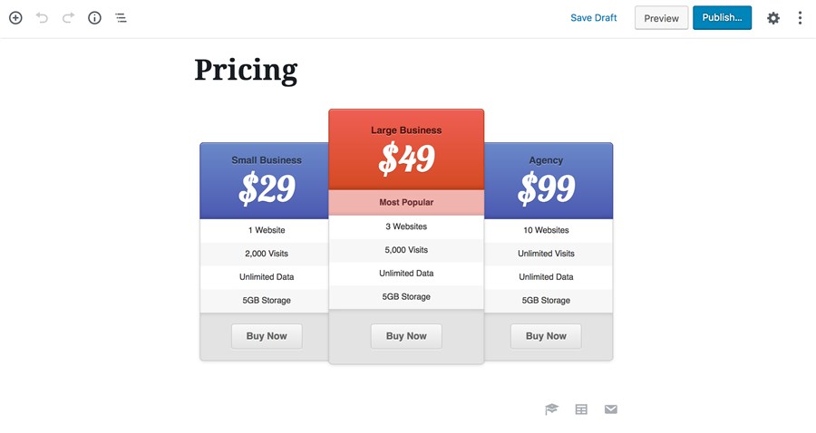 easy pricing table wordpress for gutenberg